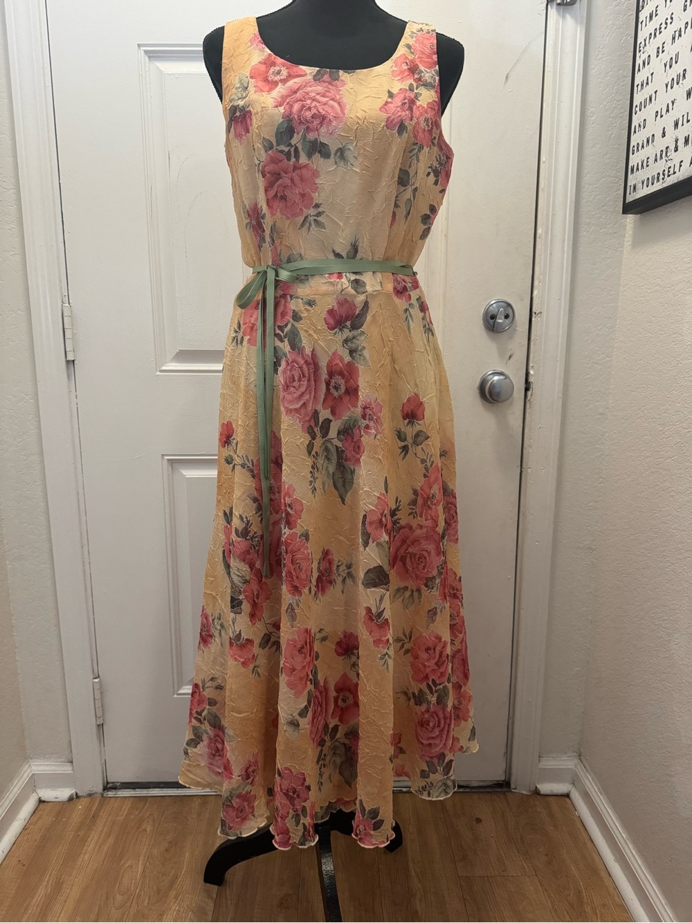 Sleeveless Yellow Floral Maxi Dress with Pink Roses and Green Tie Belt 156